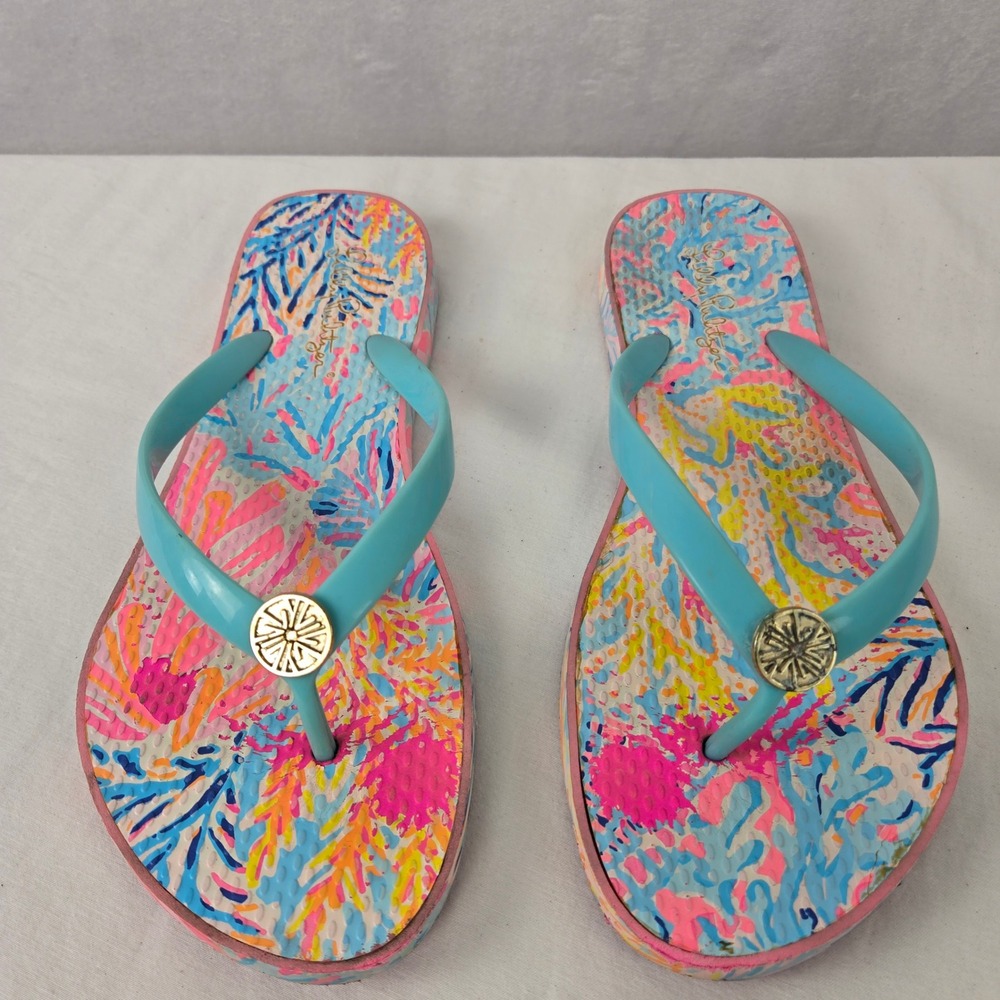 Lilly Pulitzer Womens Multi Tropical Floral Flip Flop Sandals Beach Pool Size 8